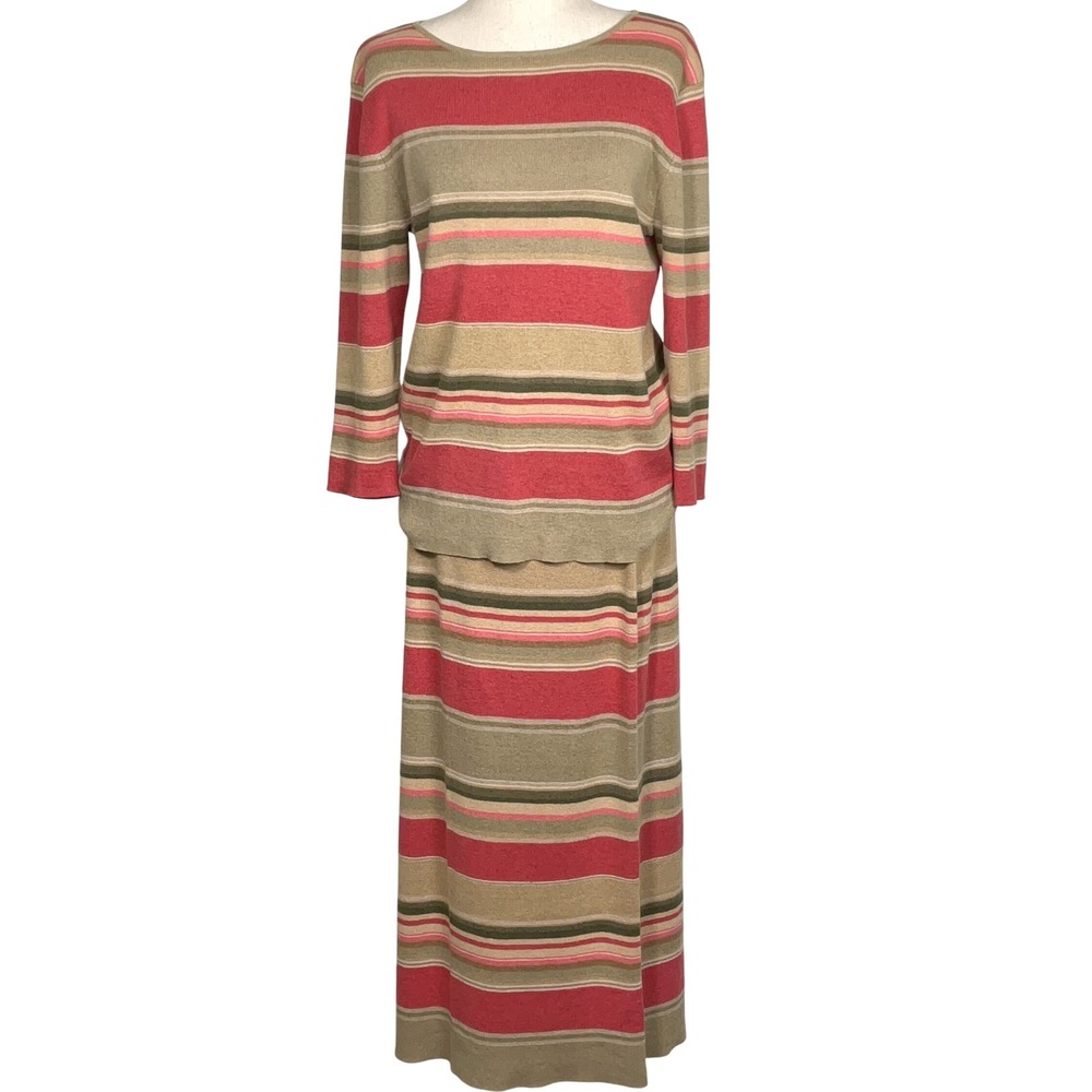 Jones New York Signature Skirt Set Women L Tan Pink‎ Stripe Linen Cotton Preppy
